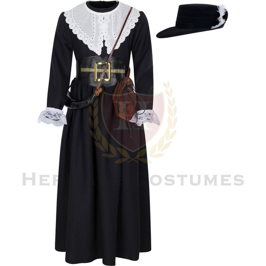 Front view of Marie-Madeleine Jarret de Verchères historical costume – Authentic New France colonial dress with shawl, waist belt, and lace cuffs for reenactments and historical events.