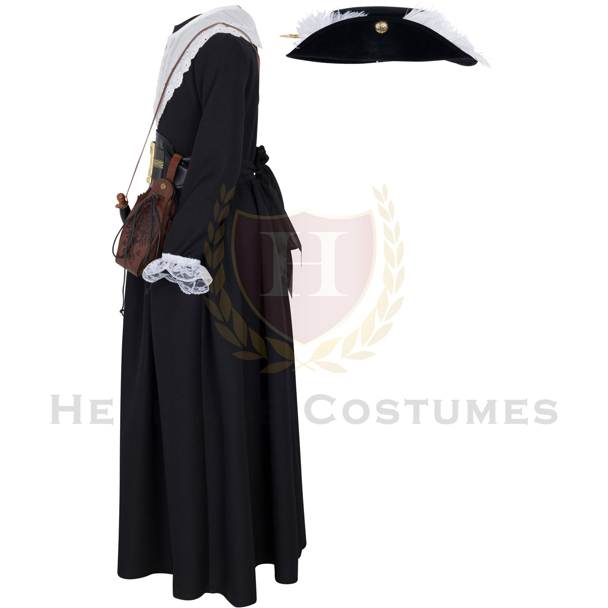 Side view of Marie-Madeleine Jarret de Verchères historical costume – Authentic New France colonial dress with shawl, waist belt, and lace cuffs for reenactments and historical events.
