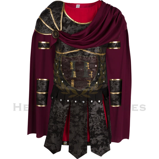 Mark Antony Roman Military Uniform featuring a detailed chest plate, red tunic, flowing cloak, and gold-accented armor, inspired by the legendary Roman commander, perfect for historical reenactments, cosplay, and theatrical performances.