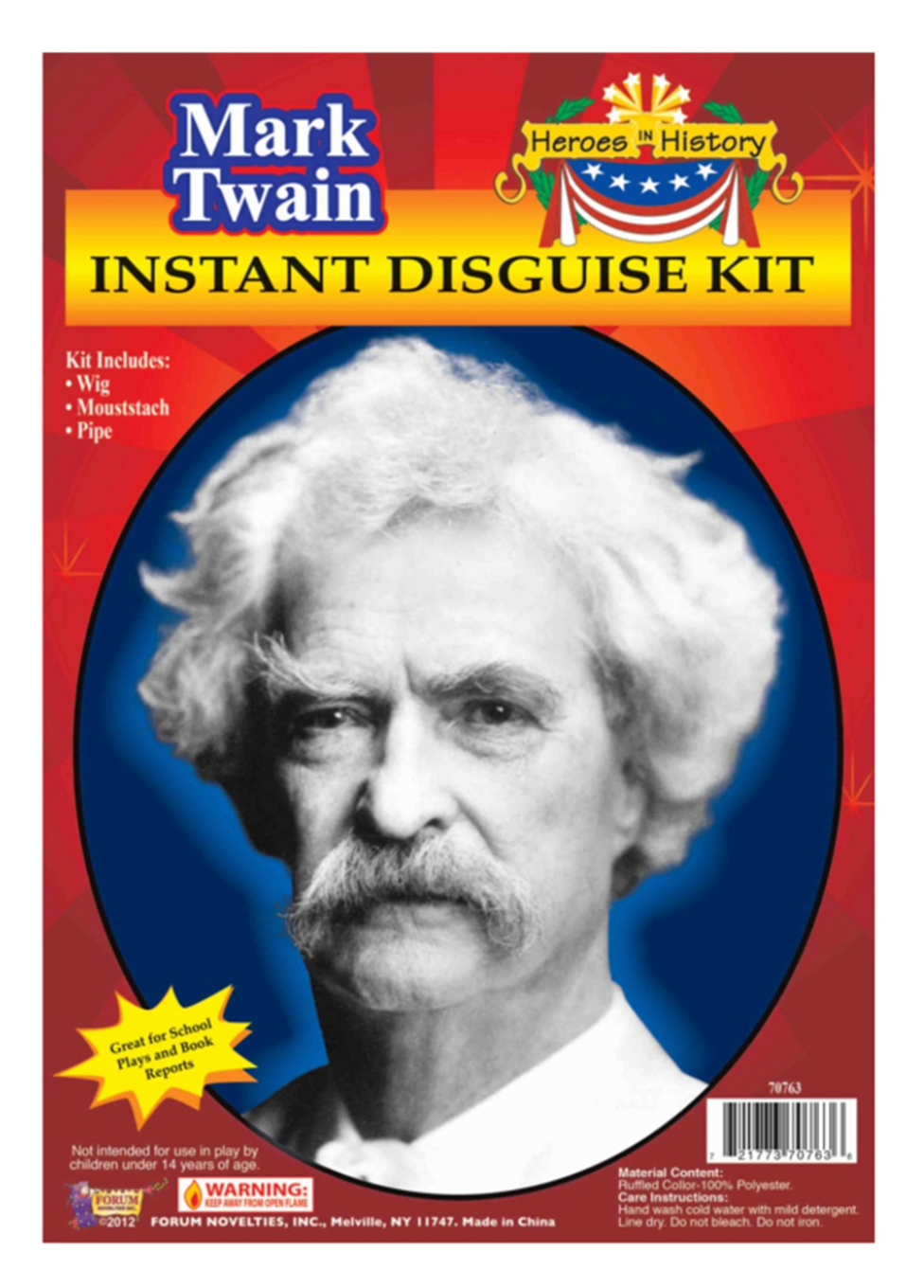 Mark Twain historical roleplay accessory kit featuring a white wig, mustache, and replica pipe, perfect for literary events, historical presentations, or themed costumes.