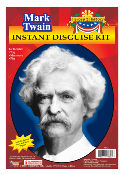 Mark Twain historical roleplay accessory kit featuring a white wig, mustache, and replica pipe, perfect for literary events, historical presentations, or themed costumes.