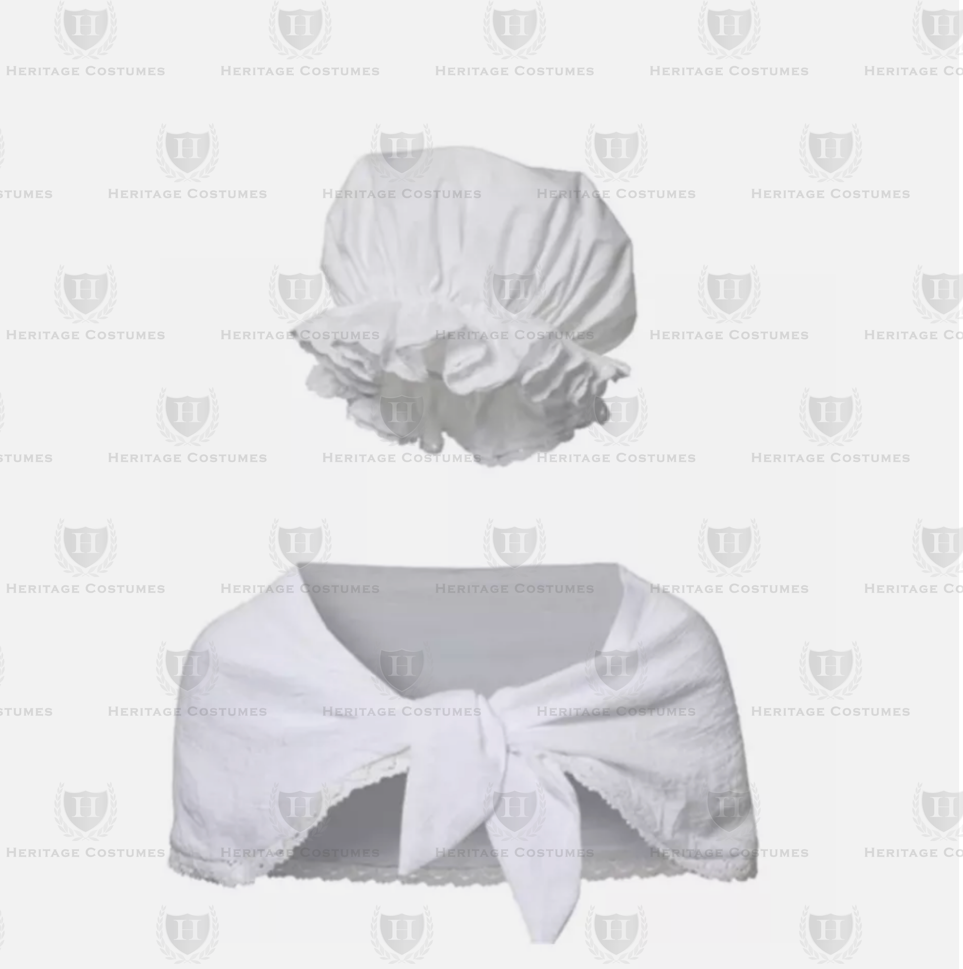 Martha Washington mob cap and shawl set – Authentic 18th-century colonial-style white lace-trimmed bonnet and shawl, perfect for historical reenactments and period costumes.