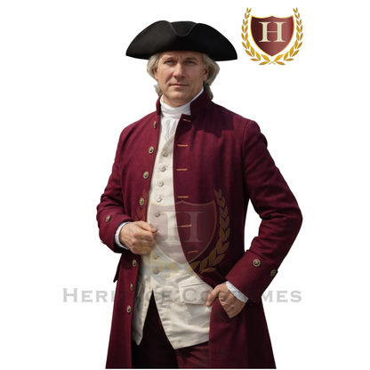 Model wearing a men’s burgundy colonial militia coat, American Revolutionary War military uniform.