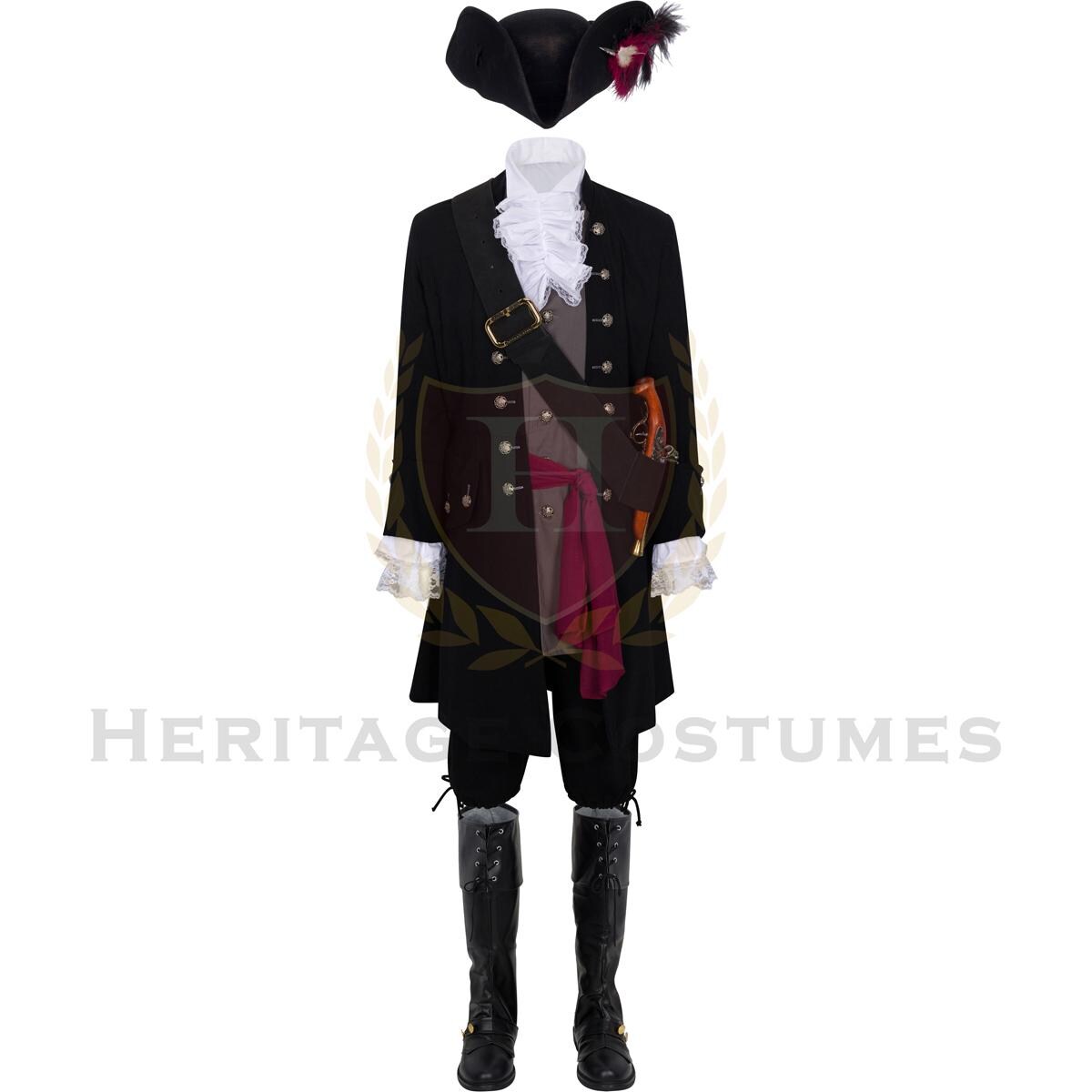 The men's Caribbean Pirate Captain Frock Coat features a tailored design with intricate detailing. It is perfect for reenactments, pirate-themed events, or costume parties.