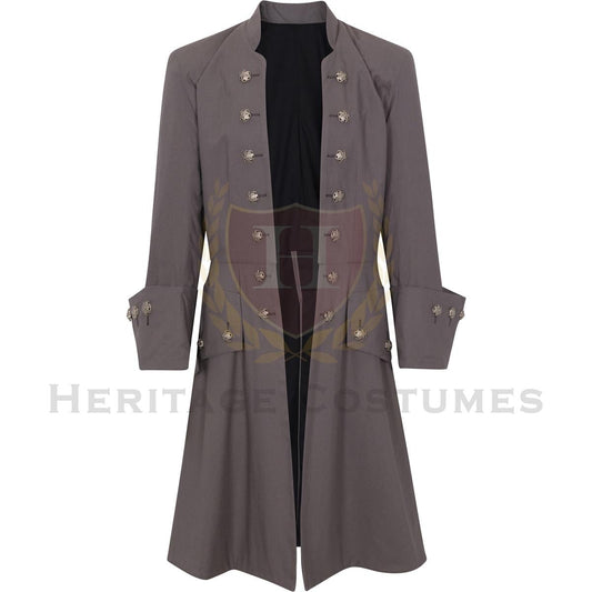 Front view of the Men's Caribbean Pirate Captain Frock Coat in gray linen. It showcases a tailored design with classic pirate styling, perfect for historical reenactments or themed events.