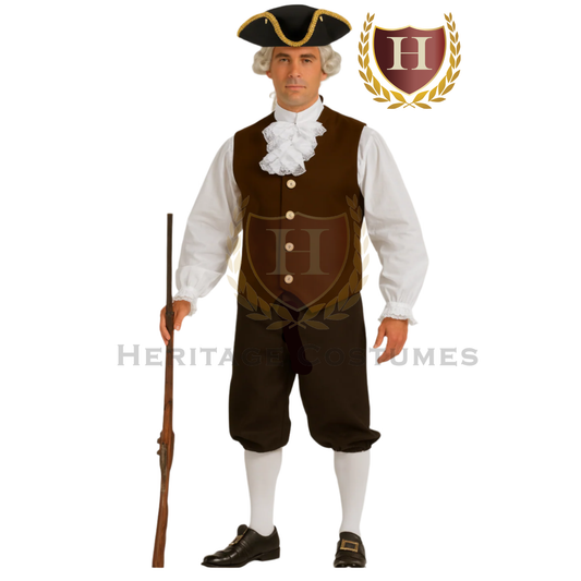 Model wearing a men’s brown colonial townsman costume, 18th-century historical attire