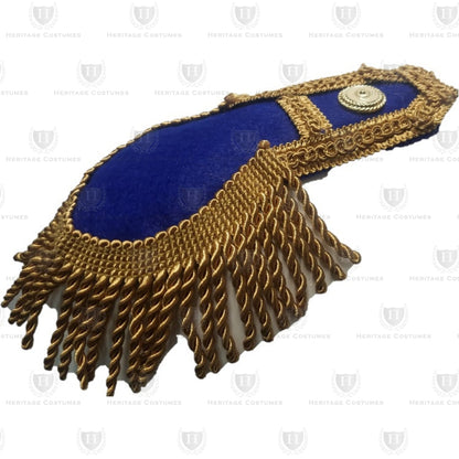 Military blue and gold trimmed epaulettes featuring a luxurious design with intricate detailing, perfect for adding authenticity to historical military uniforms or costumes.