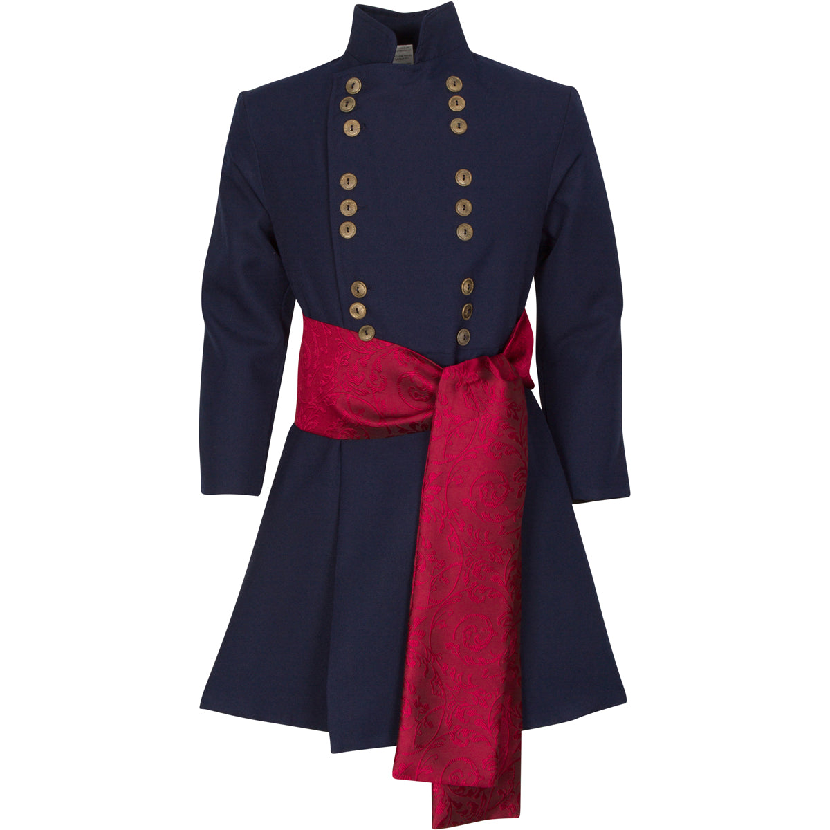 Military waist sash made from heavy poly jacquard fabric in burgundy, designed to tie at the waist for an authentic 19th-century military look. Perfect for historical reenactments, War of 1812 portrayals, and period military uniforms.