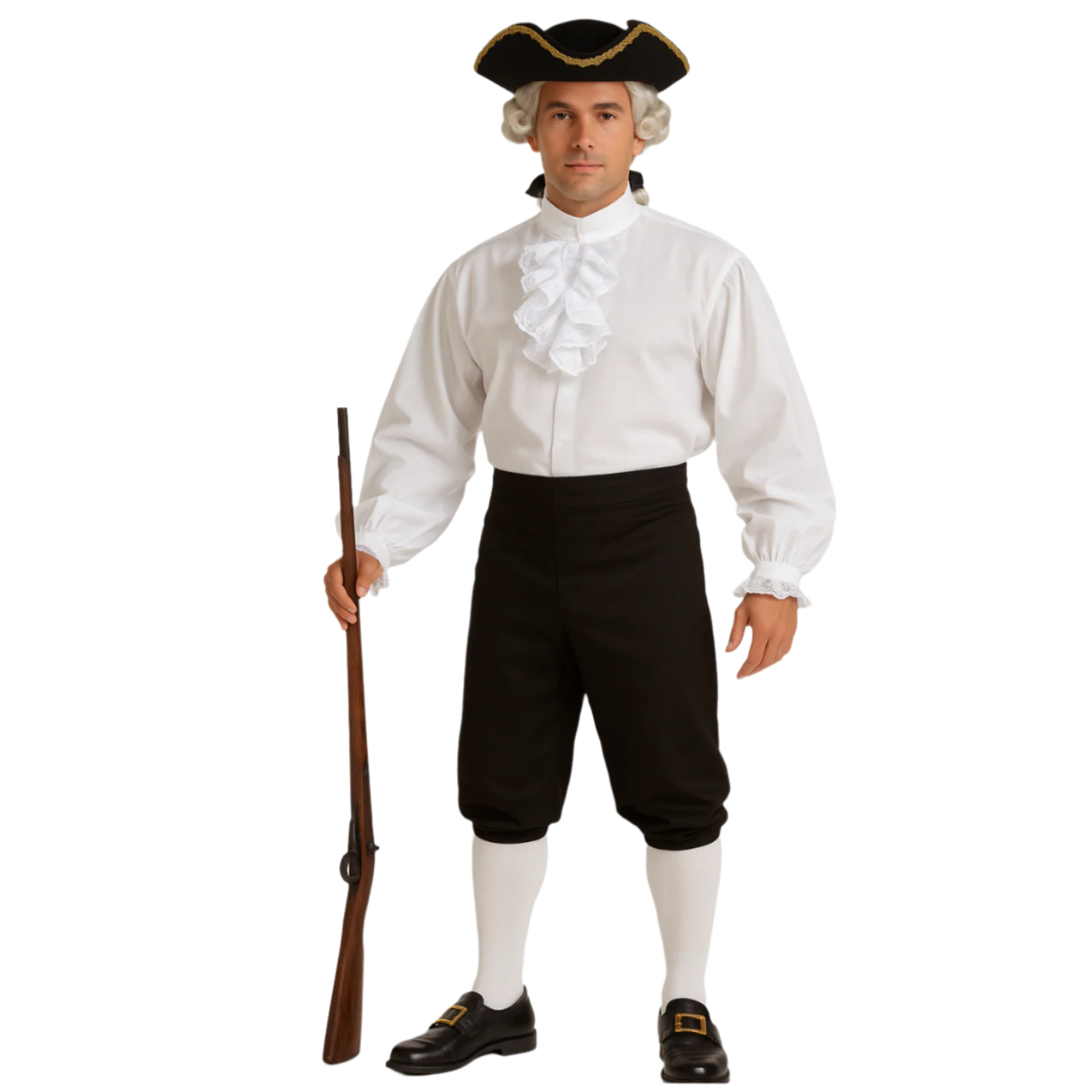 Colonial gentleman’s wig worn by model, Founding Fathers patriotic Revolutionary War style