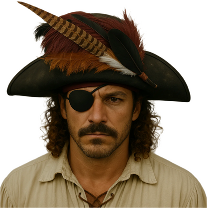 Blackbeard Pirate Hat – Weathered Faux Leather Hat with Feather Accent