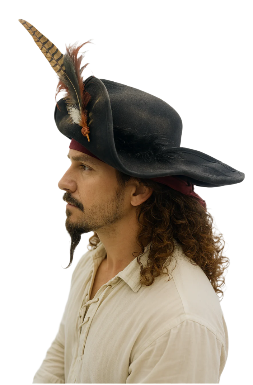 Blackbeard Pirate Hat – Weathered Faux Leather Hat with Feather Accent