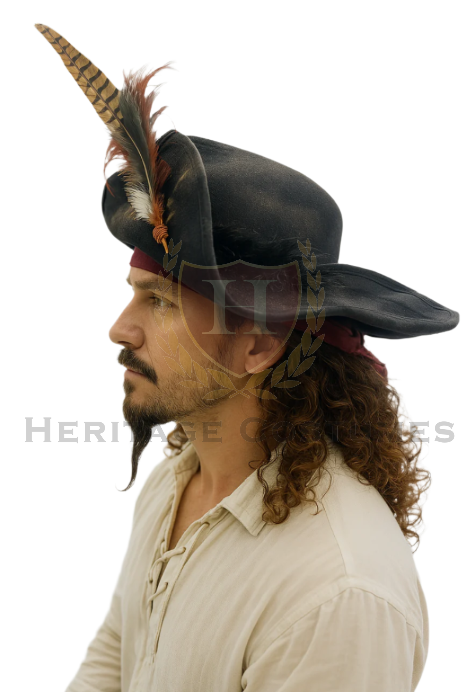 Side View of Blackbeard-style pirate hat with weathered finish and attached feather accessory, featuring a classic tricorn shape for an authentic swashbuckler look.