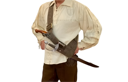 Model View of Brown crossbody pirate belt made from faux leather with a distressed, weathered look. Designed for carrying accessories, this adjustable bandolier adds authenticity to pirate costumes, perfect for Renaissance Faires, LARP, and historical reenactments.