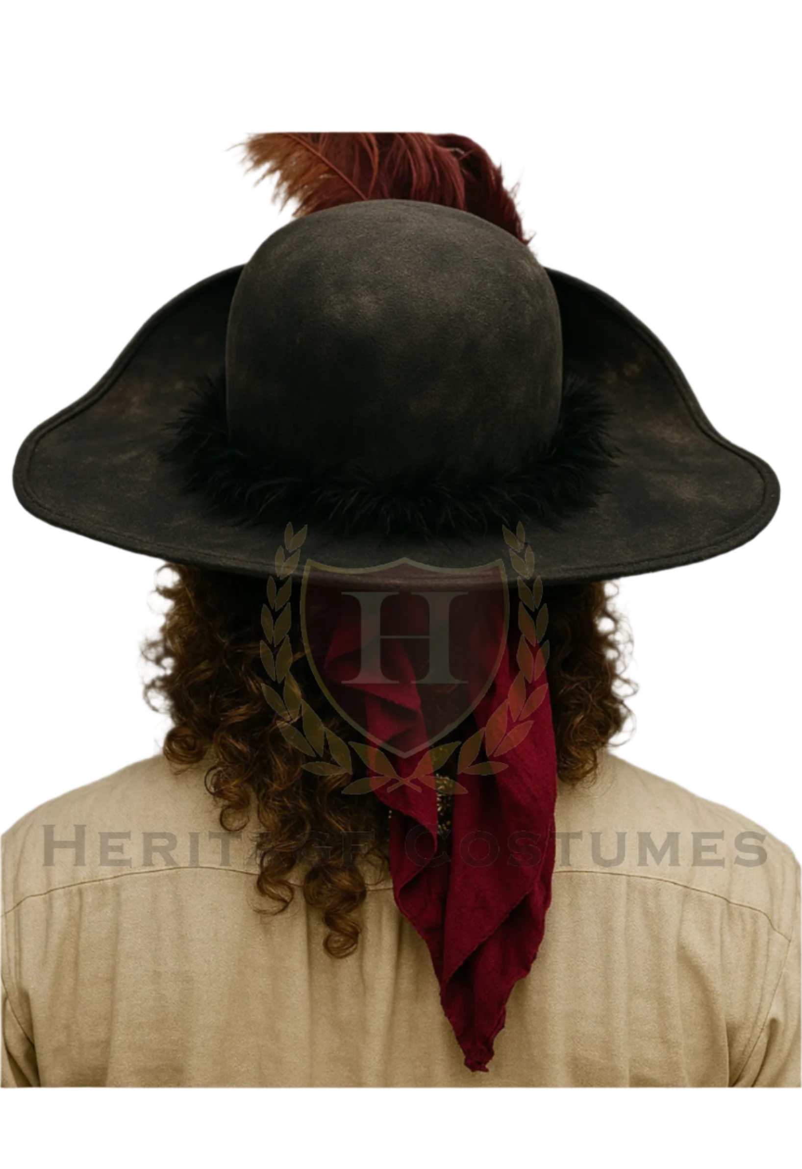 Back View of Blackbeard-style pirate hat with weathered finish and attached feather accessory, featuring a classic tricorn shape for an authentic swashbuckler look.