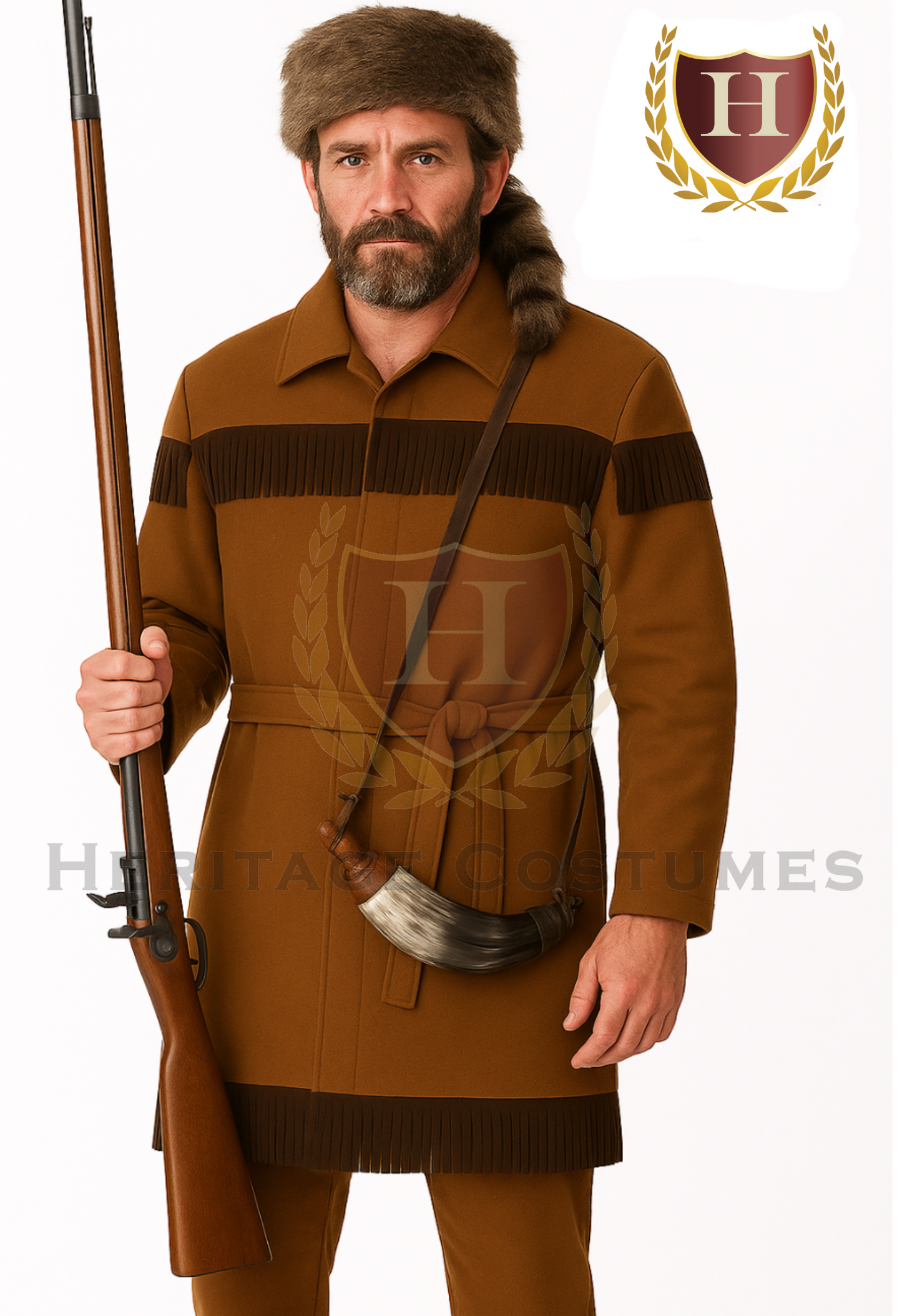 Mountain man costume featuring a rugged fur trapper outfit with faux fur accents, earth-tone fabric, and frontier-style details, ideal for historical reenactments, pioneer-themed events, or theatrical performances.
