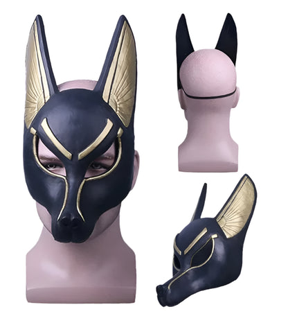 Multiple angles of the Anubis mask, including front, side, and back views, highlighting the intricate Egyptian-inspired gold detailing, elongated ears, sleek black finish, and adjustable strap for a secure fit. Perfect for completing mythological or ancient Egyptian costumes.