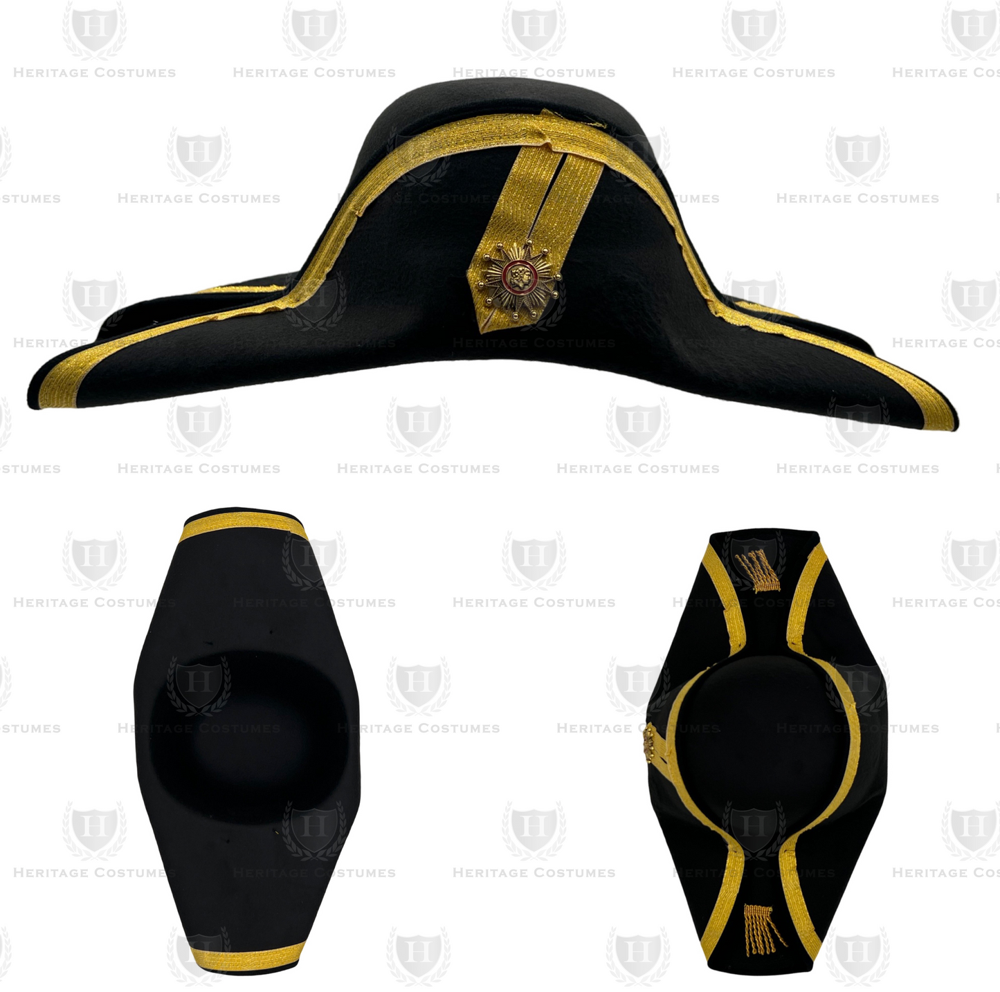 Multi-view of a Napoleon Bonaparte bicorn hat featuring gold ribbon detailing, a metal emblem, and an adjustable inside elastic band for a secure fit, perfect for historical reenactments and period costumes.