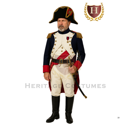 Adult model wearing a Napoleon Bonaparte French military uniform from the Napoleonic Wars.