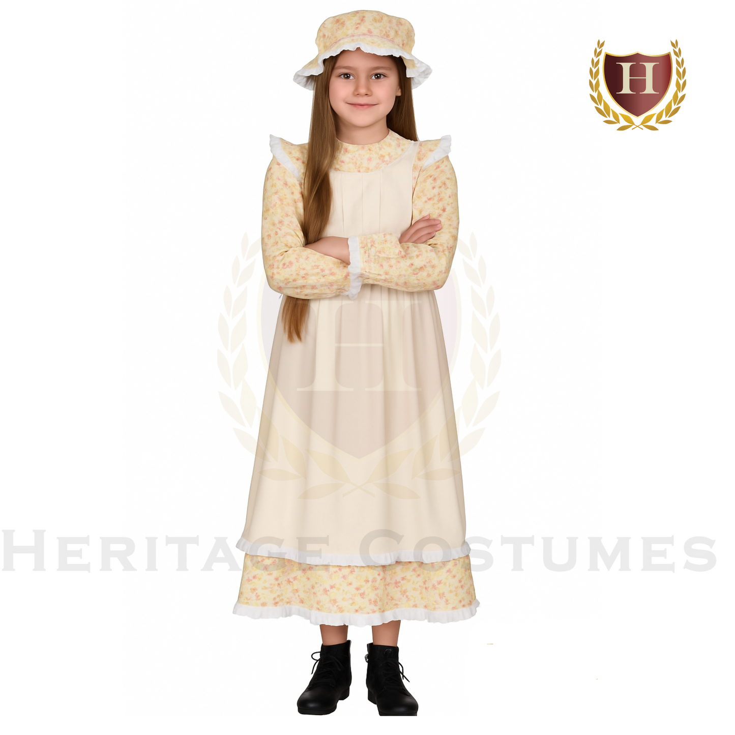 American Frontier Pioneer Girl Dress with Bonnet & Apron