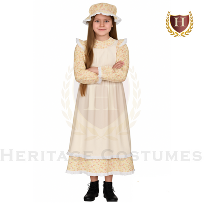 American Frontier Pioneer Girl Dress with Bonnet & Apron