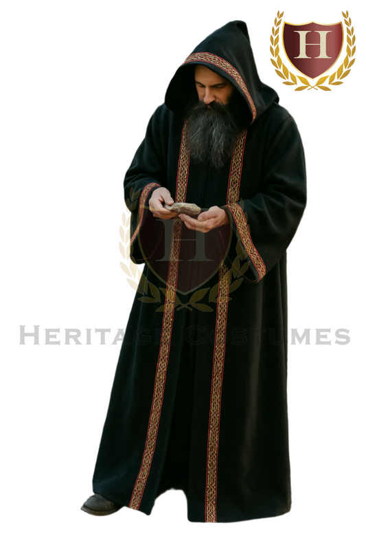 Adult Hooded Celtic Robe with Jacquard Trim – Medieval, Viking, Wizard, Sorcerer, Renaissance Cloak for LARP & Cosplay