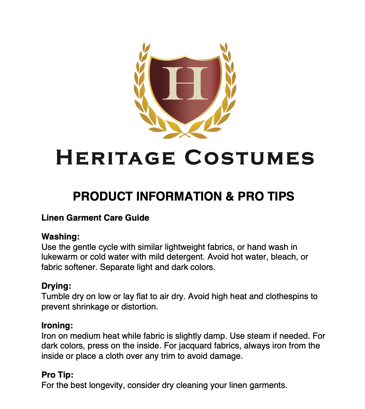 Linen garment care guide with instructions for proper cleaning and maintenance. Ideal for preserving the quality and longevity of historical and costume linen clothing.