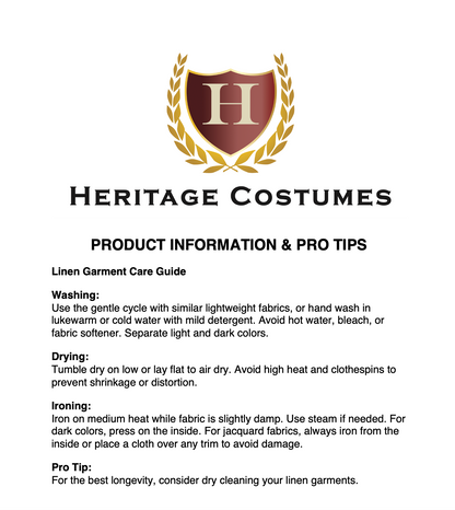 Linen garment care guide with instructions for proper cleaning and maintenance. Ideal for preserving the quality and longevity of historical and costume linen clothing.