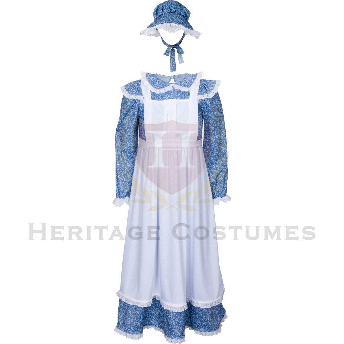 American Frontier Pioneer Girl Dress with Matching Bonnet and Apron