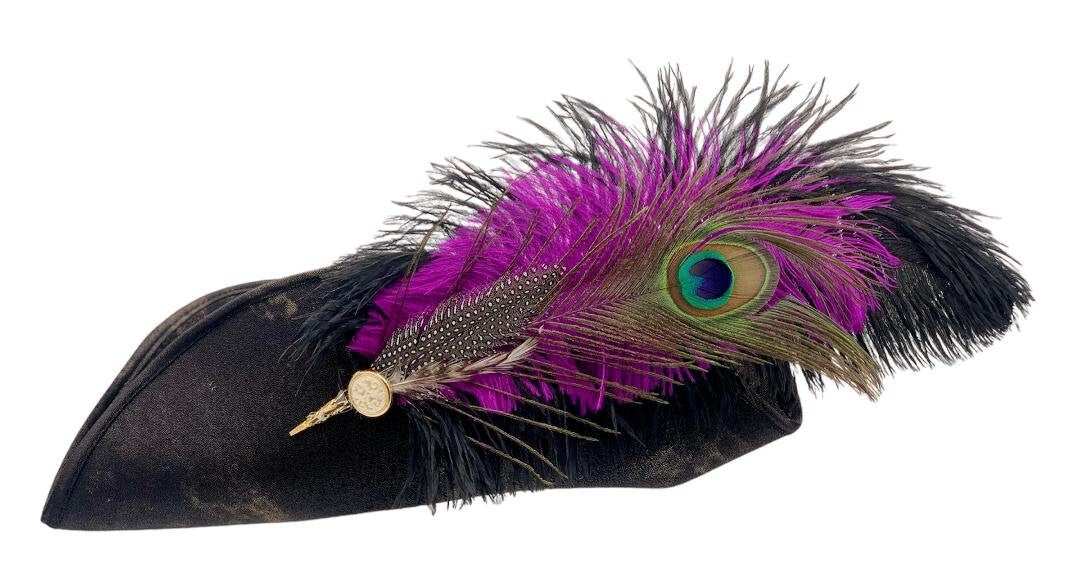 Pirate Hat Feather Adornment featuring an elegant feather accent with an easy attachment design, perfect for enhancing tricorn hats and adding a touch of historical authenticity to pirate costumes and reenactments.