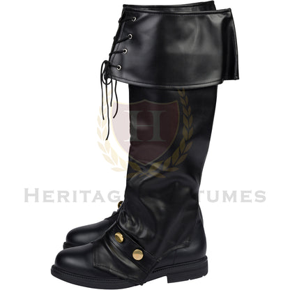 Pirate Men’s Boot Covers made from black vinyl fabric, featuring a large cuff with gold button details and an elastic strap for a secure fit, perfect for enhancing pirate costumes for reenactments, cosplay, and themed events.