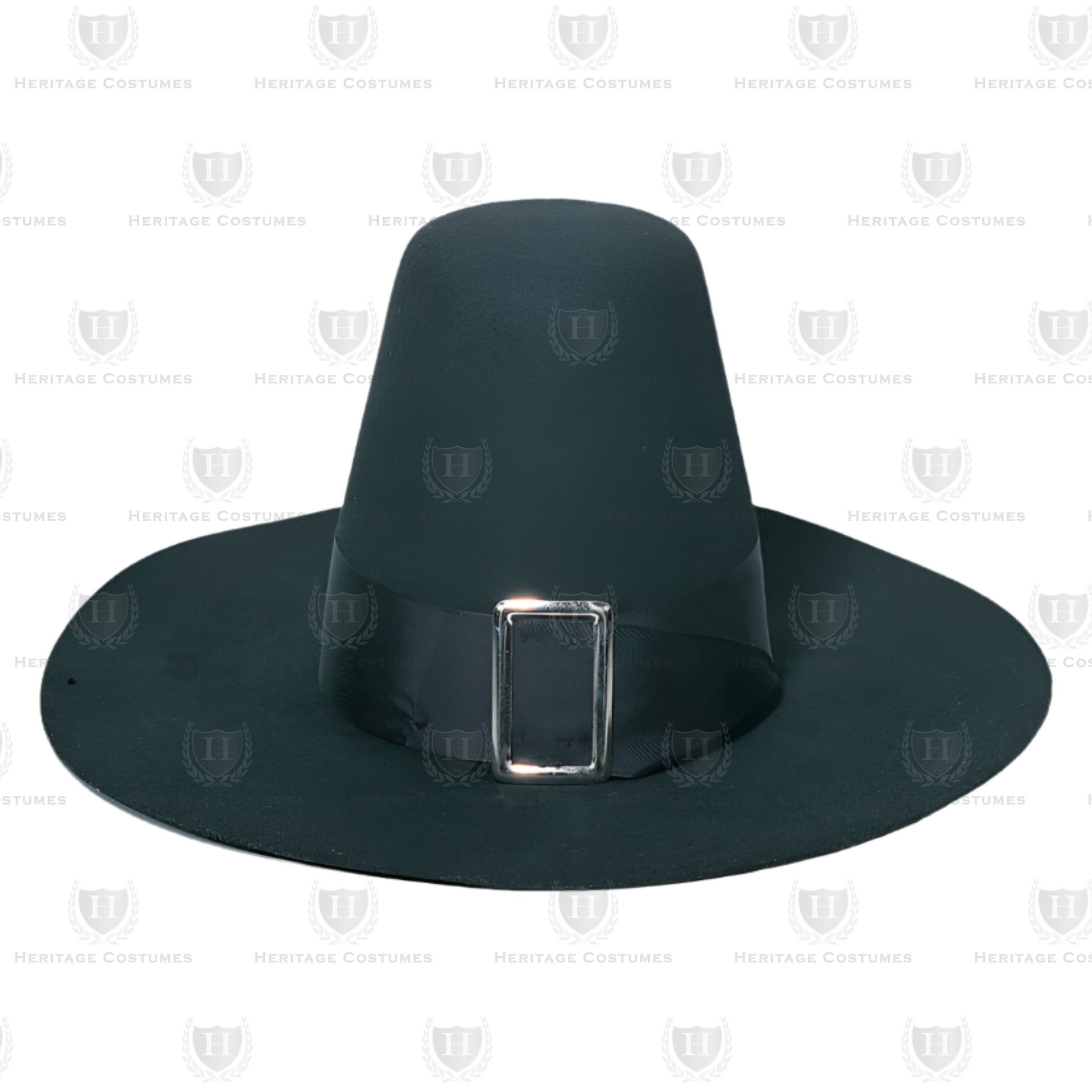 Puritan Wool Hat – Traditional Pilgrim Adult Theatrical Quality Hat, also known as a Capotain Hat, crafted from 100% wool with an authentic band and buckle, perfect for historical reenactments, Thanksgiving costumes, and colonial-era attire.