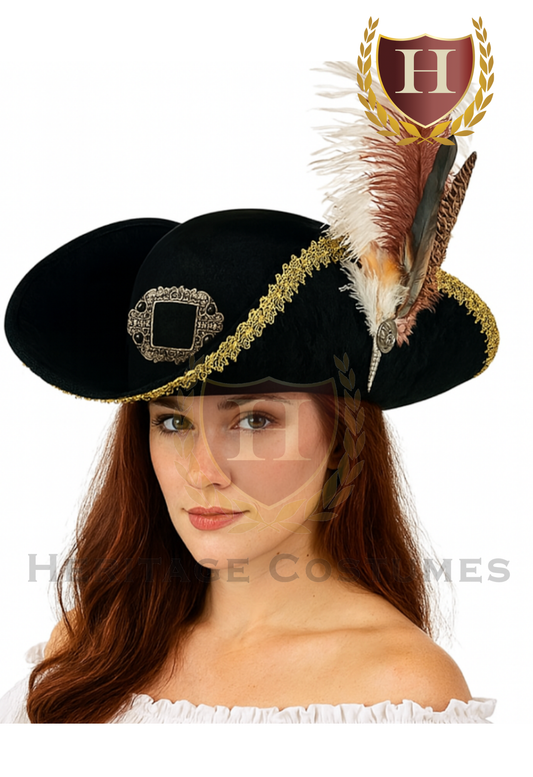 Women's Queen of the Seas pirate hat with feathers, buckle, and gold trim – deluxe buccaneer costume accessory