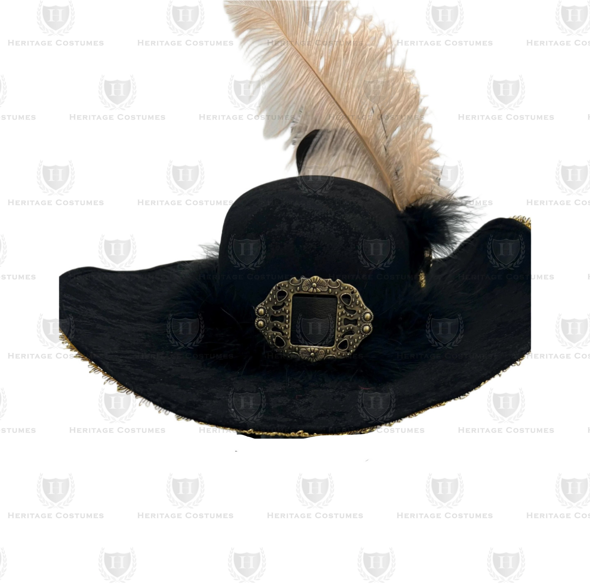 Close-up front view of the Queen of the Seas Buccaneer Hat, highlighting the ornate brass-tone buckle detail set against the suede-like distressed finish for a touch of authentic pirate elegance