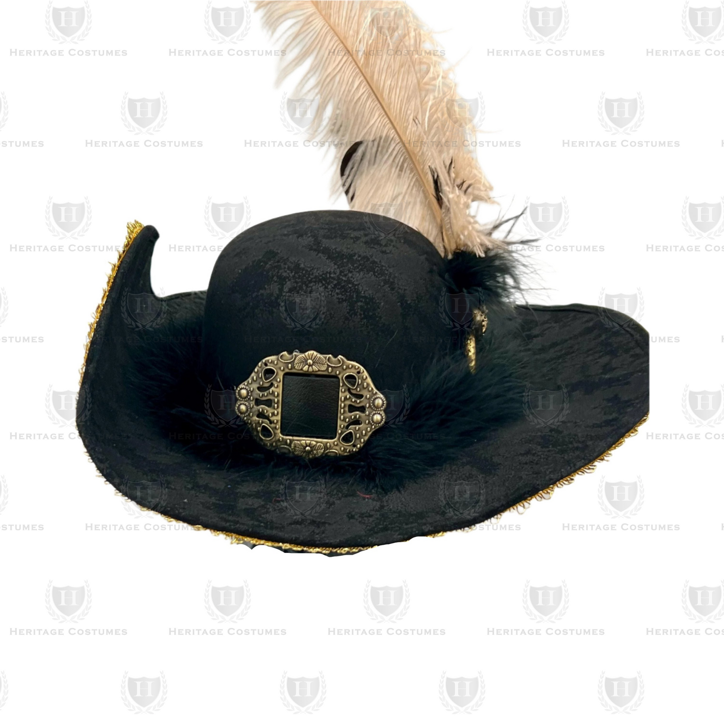 The Queen of the Seas Buccaneer hat's front view highlights the suede-like distressed finish, ornate brass-tone buckle, detailed gold trim, and elegant feather accessory with a filigree gold button for a bold pirate style.