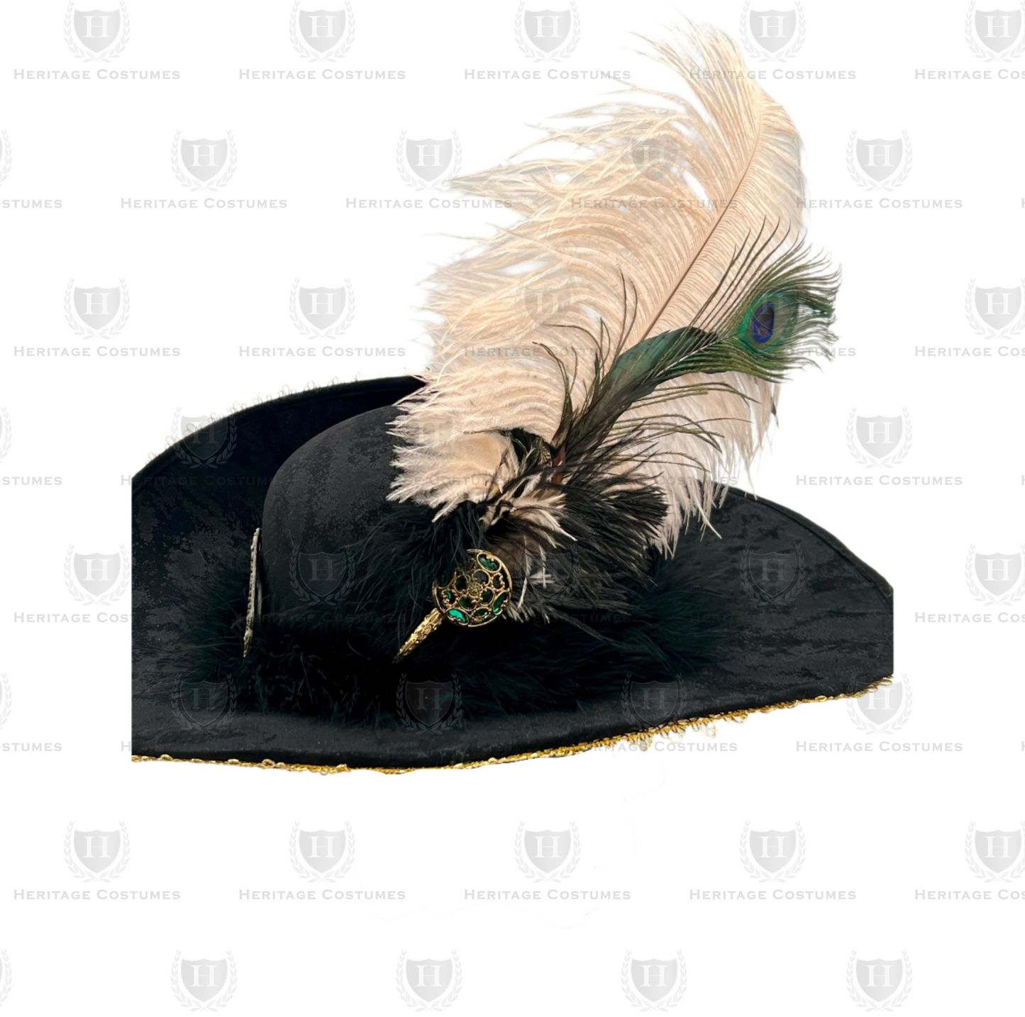 Side view of the Queen of the Seas Buccaneer Hat, showcasing the wide moldable brim with gold trim, suede-like distressed finish, ornate brass-tone buckle, and feather accessory with a filigree gold button for a classic pirate look.