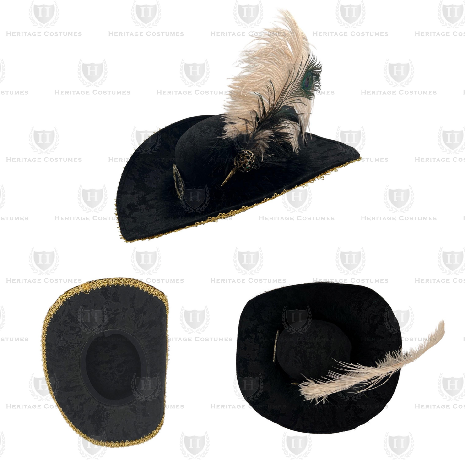 Multi-view of the Queen of the Seas Buccaneer Hat, showcasing its suede-like distressed finish, adjustable elastic band, wide moldable brim with gold trim, ornate brass-tone buckle, and feather accessory with a filigree gold button for a complete pirate queen look.