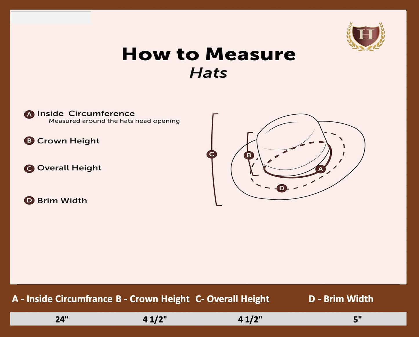 Size chart for the Pirate Hat with Feather & Gold Trim, detailing dimensions and adjustable features to ensure a comfortable fit for most adult head sizes.