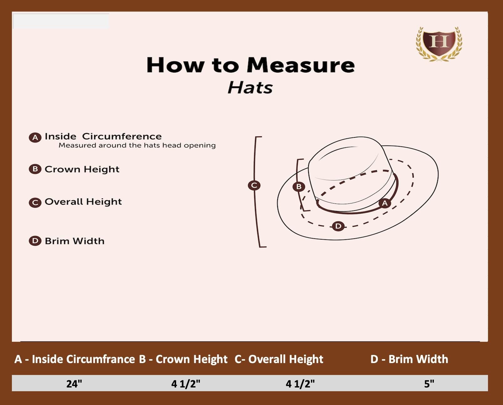 Size chart for the Pirate Hat with Feather & Gold Trim, detailing dimensions and adjustable features to ensure a comfortable fit for most adult head sizes.