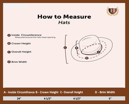 Size chart for the Pirate Hat with Feather & Gold Trim, detailing dimensions and adjustable features to ensure a comfortable fit for most adult head sizes.