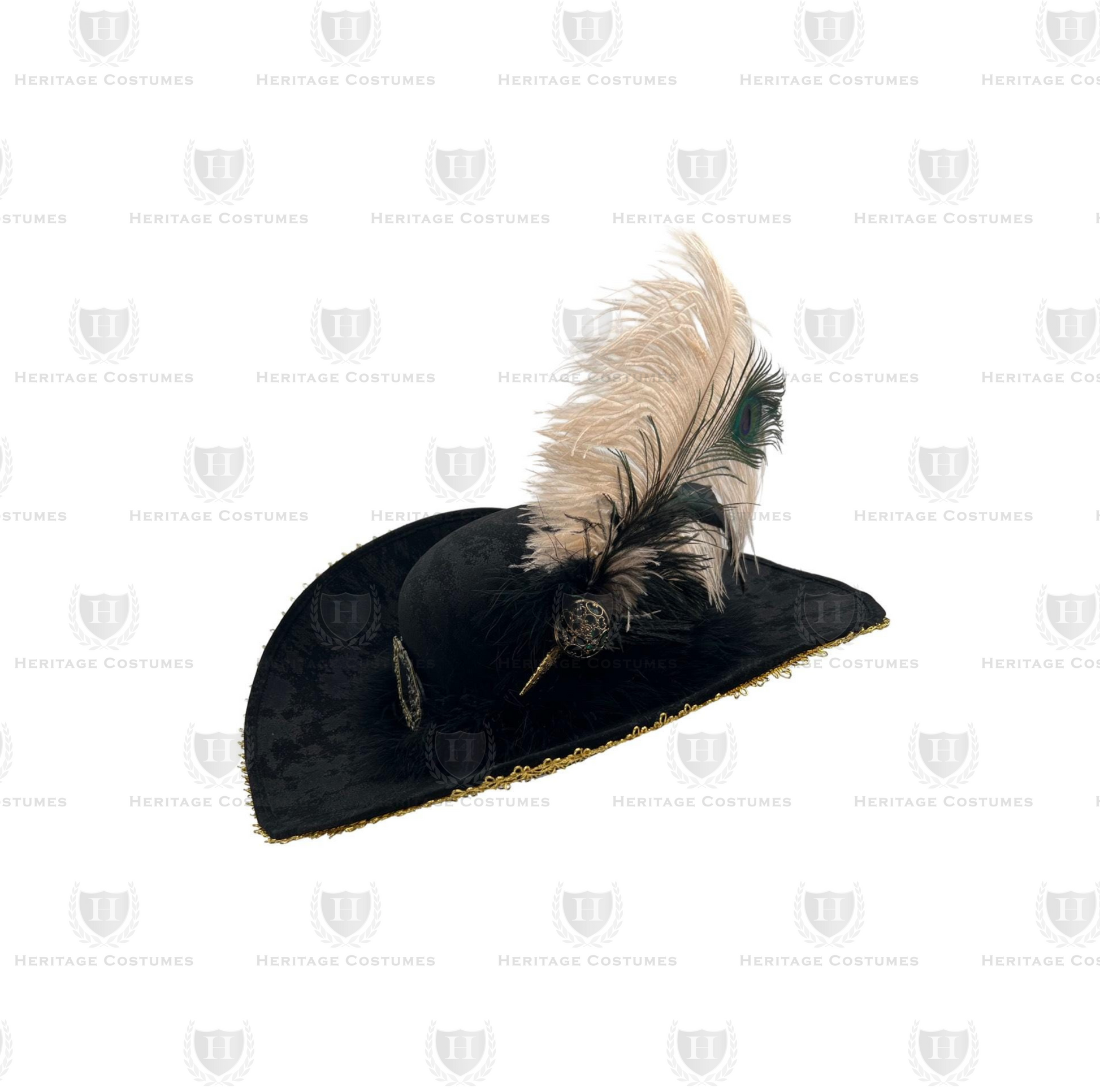 Queen of the Seas Buccaneer Hat featuring a suede-like distressed finish, adjustable elastic band, wide moldable brim with gold trim, ornate brass-tone buckle, and elegant feather accessory with a filigree gold button for a regal pirate look.