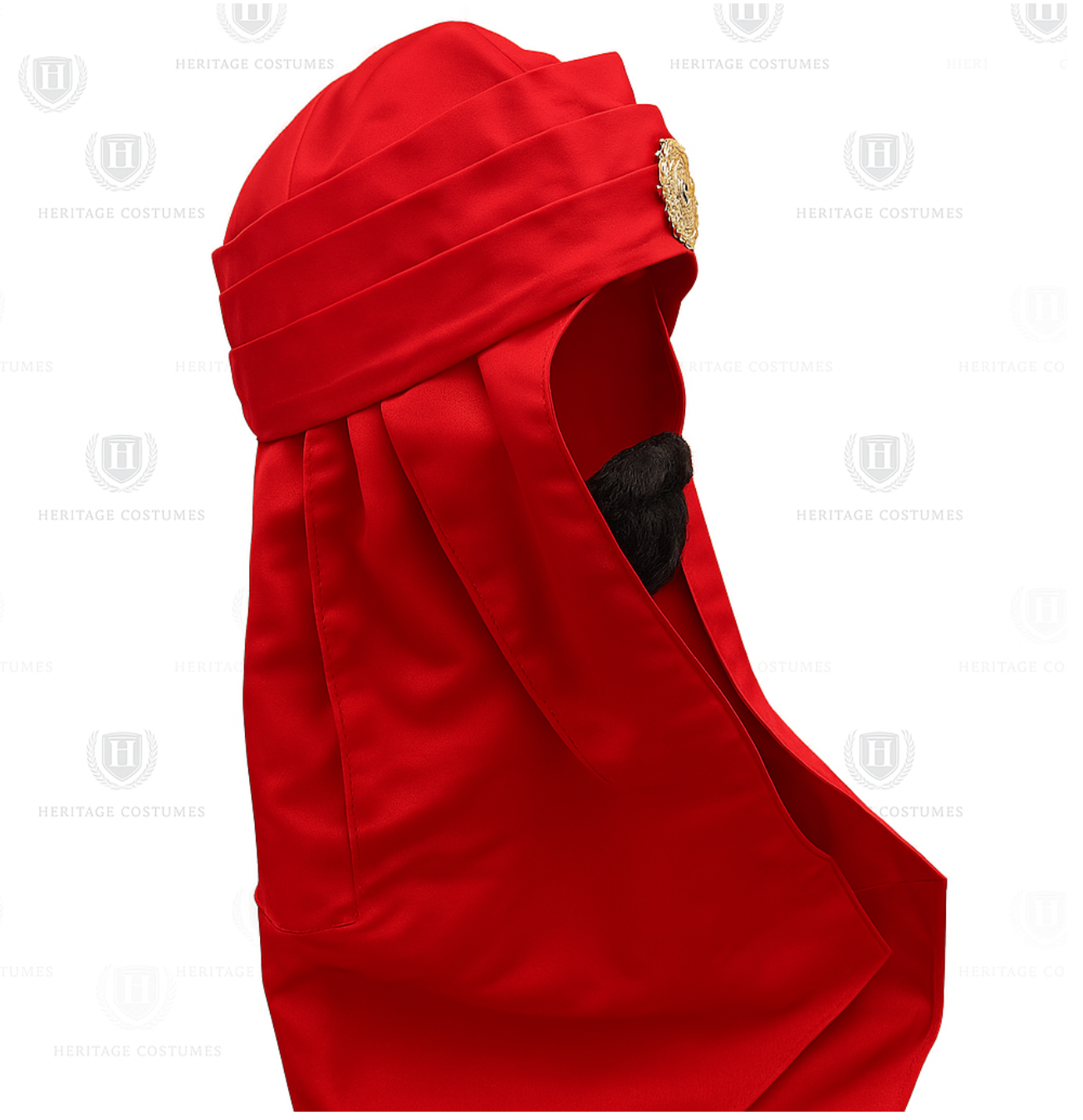 Right Side detail view of Red Three Kings Satin Turban with Embellishment – Adjustable Magi Headpiece for Nativity Costumes and Religious Pageants.
