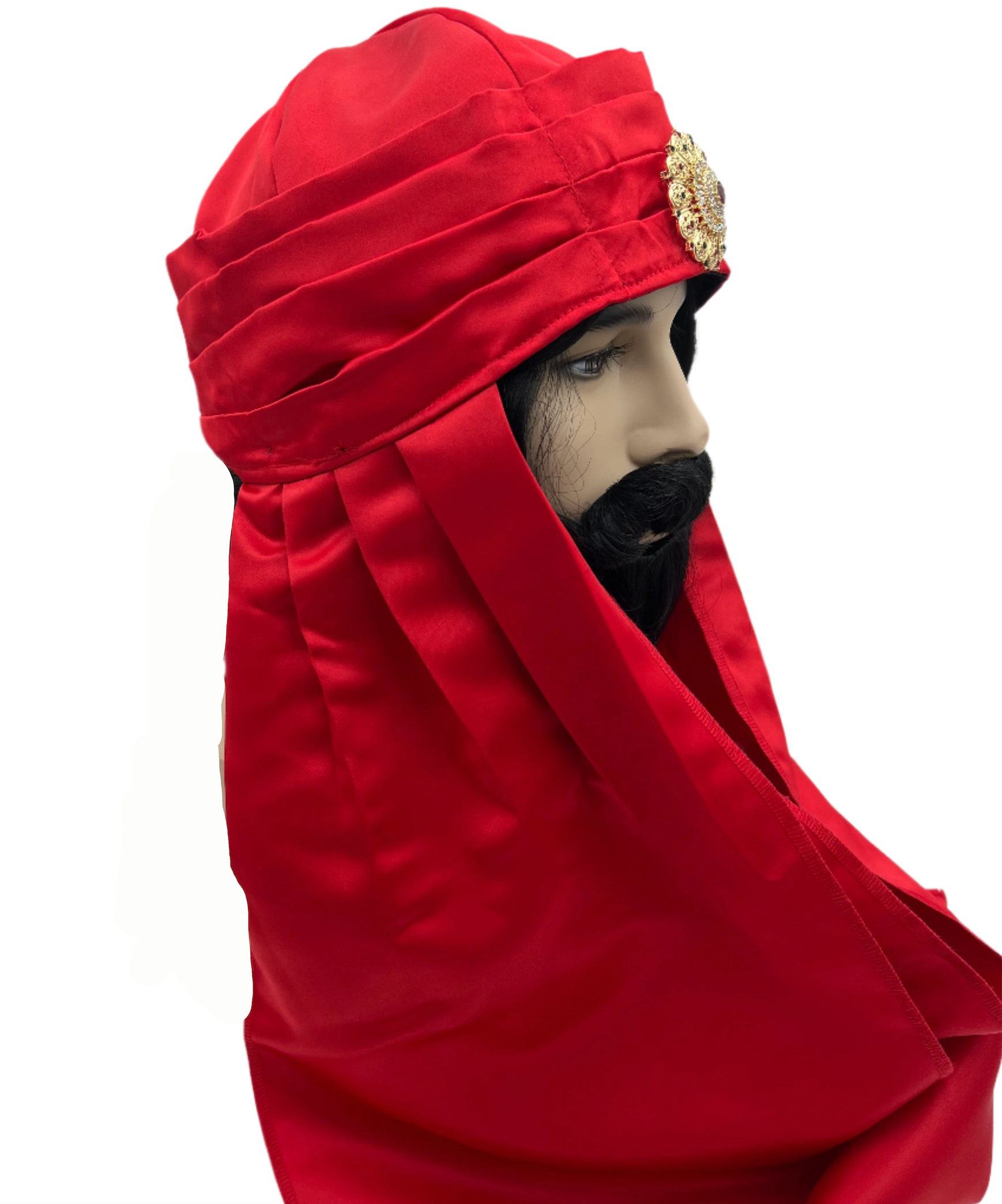 Right Side detail view of Red Three Kings Satin Turban with Embellishment – Adjustable Magi Headpiece for Nativity Costumes and Religious Pageants.