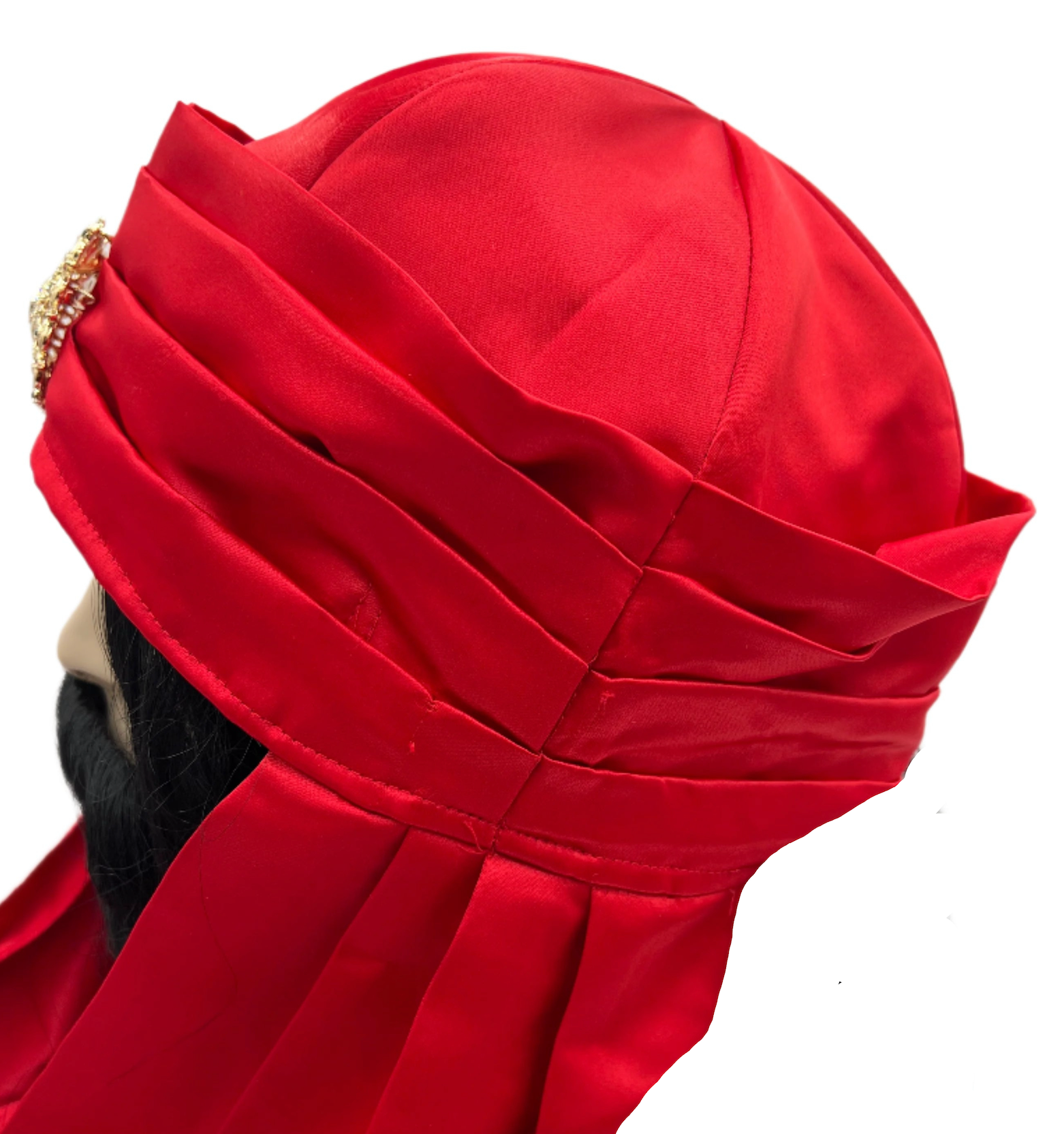 Side detail view of Red Three Kings Satin Turban with Embellishment – Adjustable Magi Headpiece for Nativity Costumes and Religious Pageants.