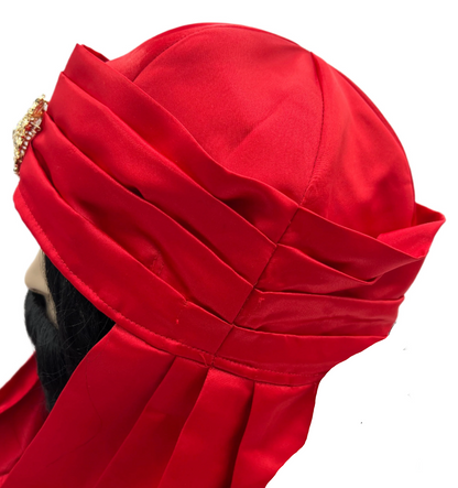 Side detail view of Red Three Kings Satin Turban with Embellishment – Adjustable Magi Headpiece for Nativity Costumes and Religious Pageants.