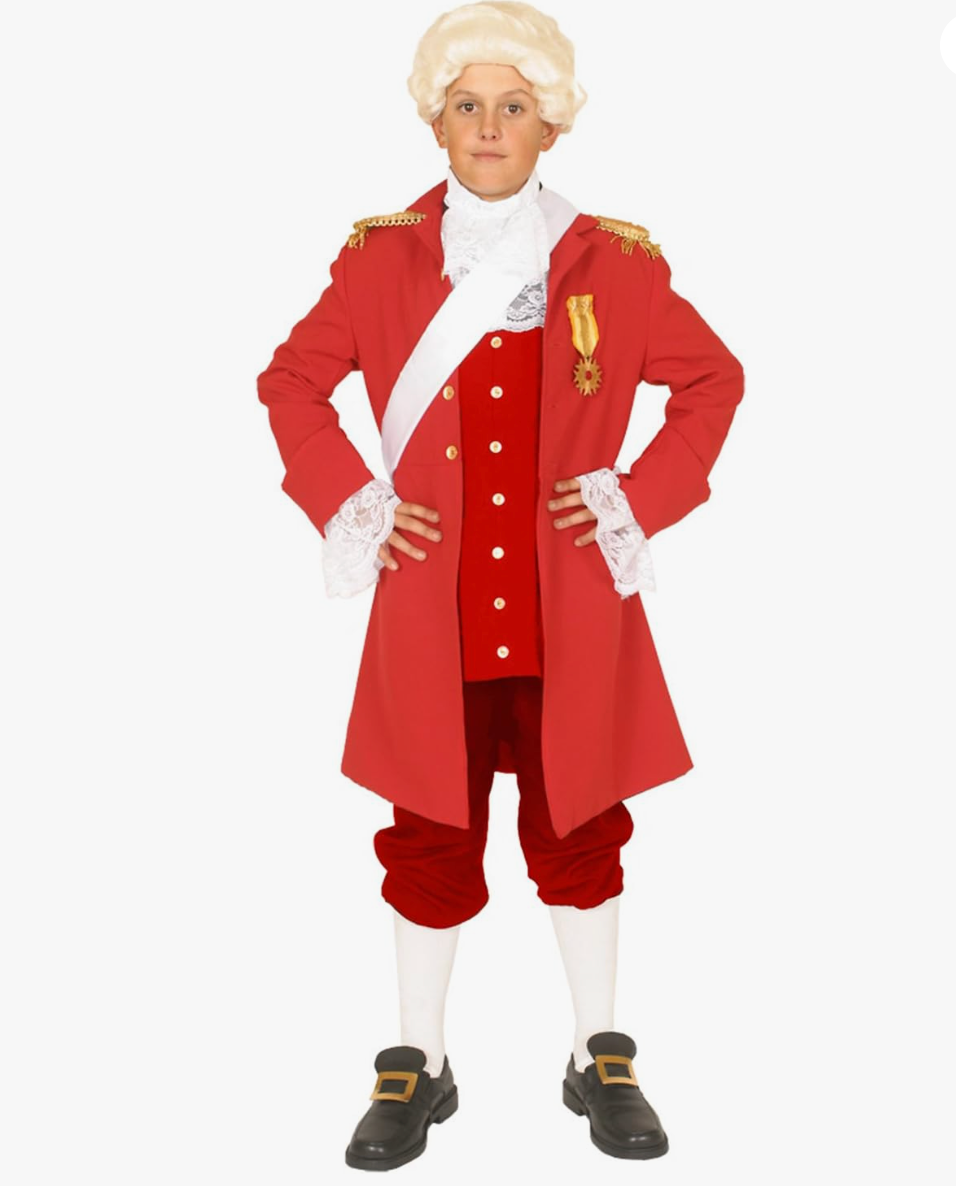 Kids Colonial King George III Costume – A historically inspired children's costume replicating the regal attire of King George III, the British monarch during the American Revolution. Perfect for historical reenactments, school projects, and theatrical performances.