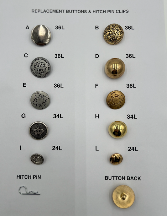 Replacement buttons and hitch-in clips for securing garments and accessories