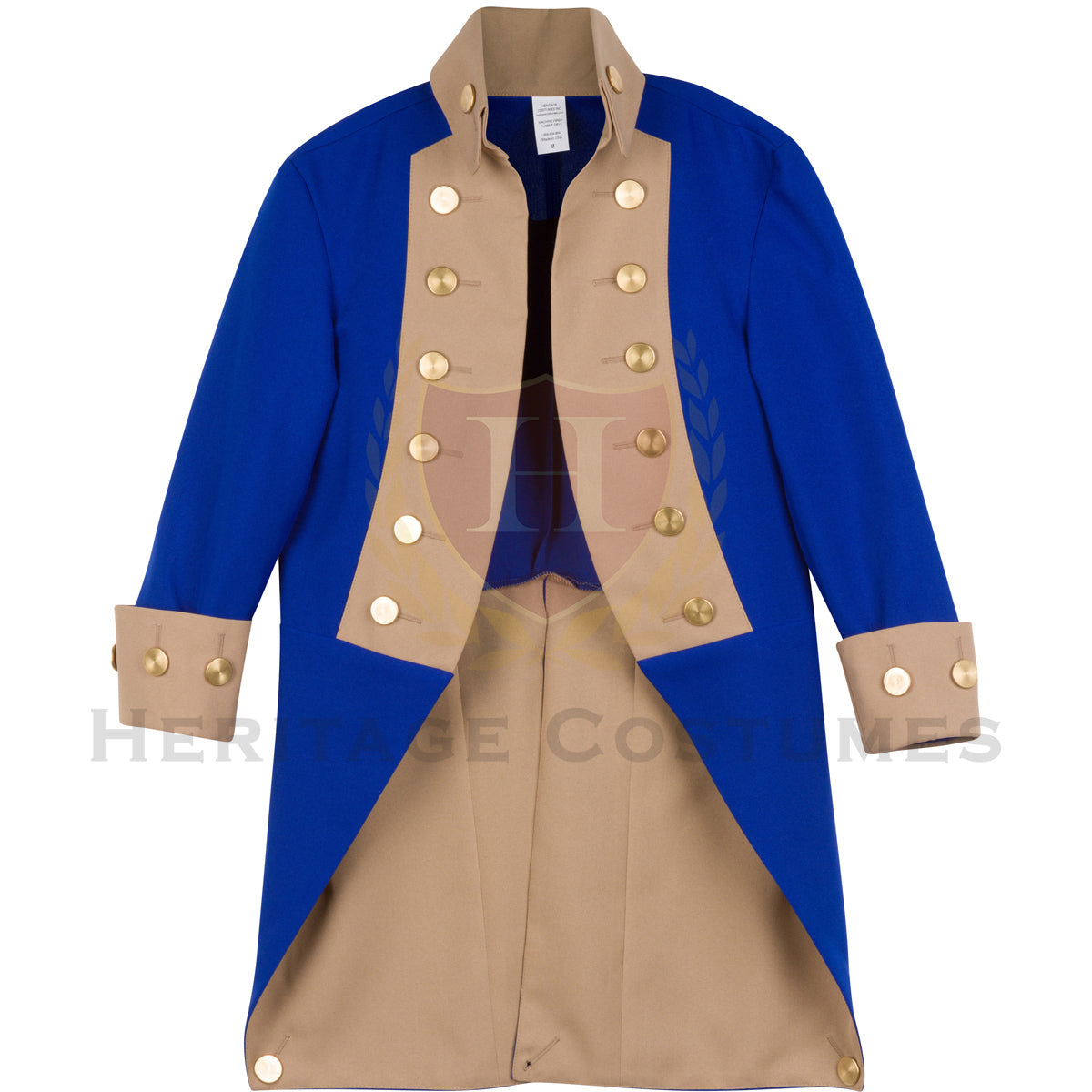 Front tail view of a Revolutionary War Officer's Jacket showcasing the intricate gold trim, tailored front panels, and historically accurate design, perfect for reenactments and period costumes.