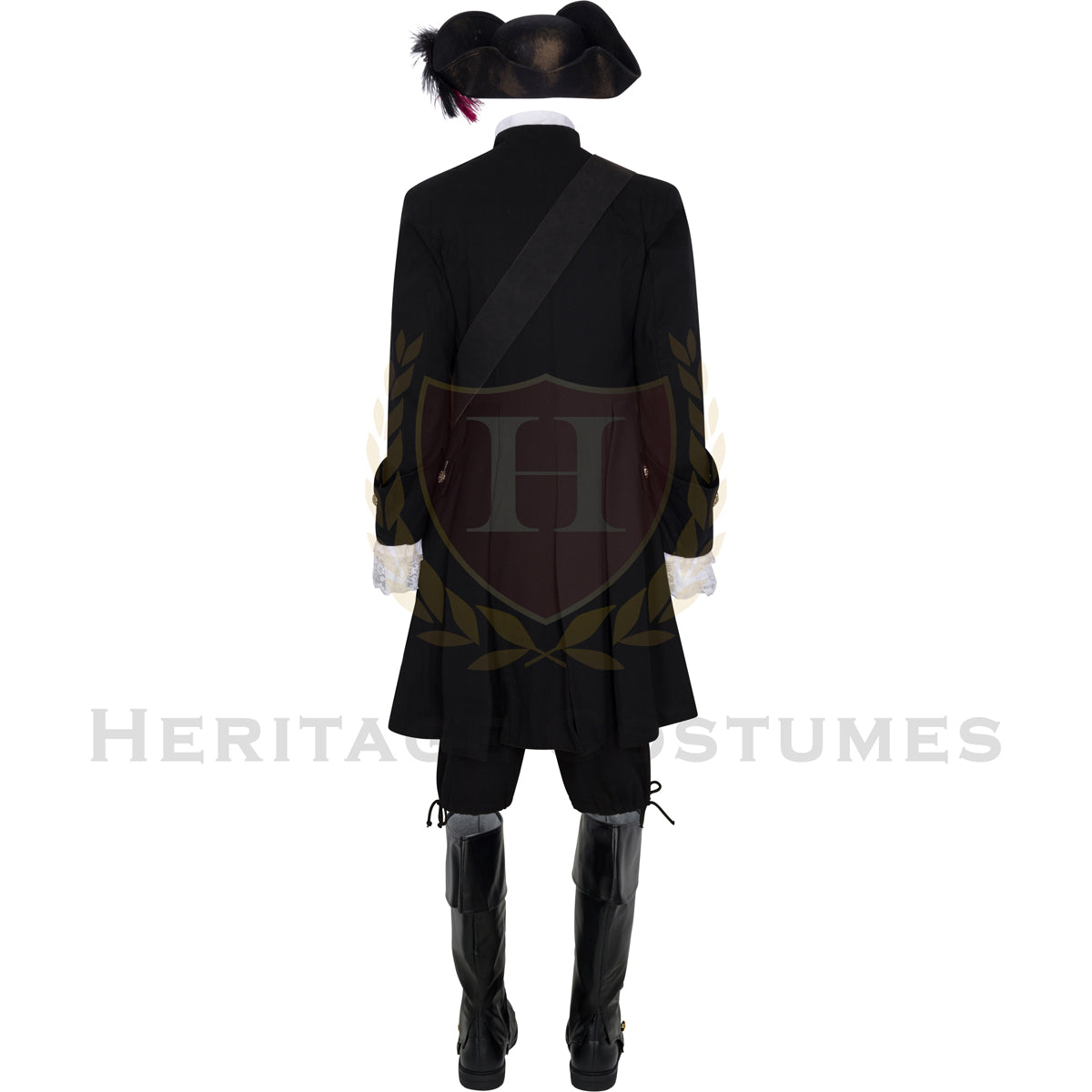 Back view of the Rogue Buccaneer Captain Costume featuring a fully lined black linen pirate coat, matching waistcoat, and breeches, designed for historical reenactments, pirate festivals, and theatrical performances.