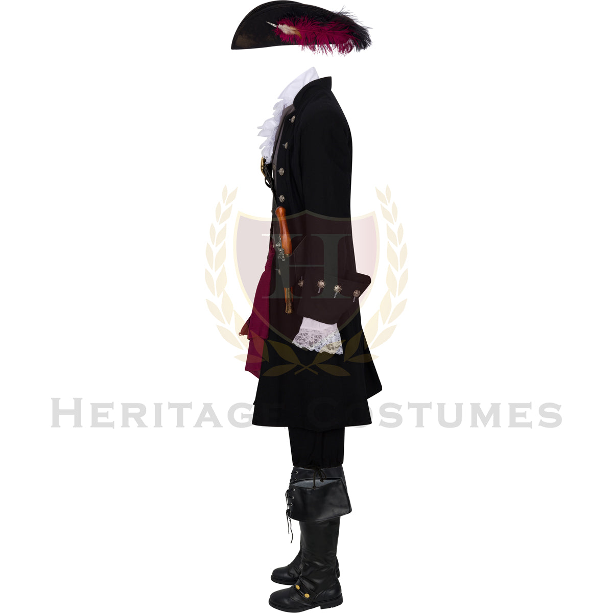 Side view of the Rogue Buccaneer Captain Costume featuring a fully lined black linen pirate coat, matching waistcoat, and breeches, designed for historical reenactments, pirate festivals, and theatrical performances.