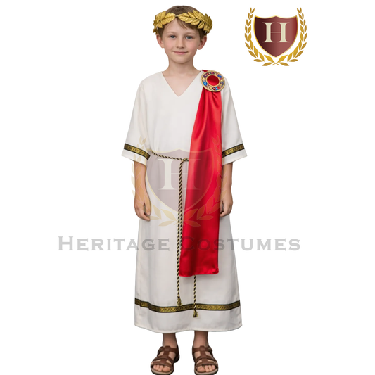 Model wearing a Roman and ancient Grecian tunic inspired by classical historical attire.